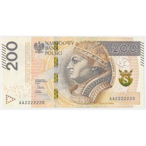 200 PLN 2015 – AA 2222220 – pekné číslo