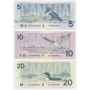 Canada, 5, 10, and 20 Dollars, 1986–1991 — set (3 pieces)