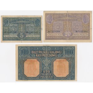 General 5, 20, and 100 mkp 1916 - set (3 pcs)