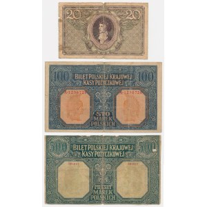 Generał 100 mkp 1916, 20 mkp 1919 Maj i 500 mkp 1919 Dyrekcja (3szt)