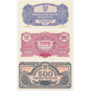Set of REPRINTS from the 1944 issue - NO OVERPRINTS - 50, 100, and 500 zł (3 pieces)