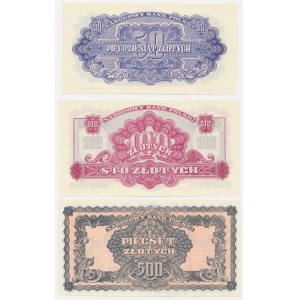 Set of REPRINTS from the 1944 issue - NO OVERPRINTS - 50, 100, and 500 zł (3 pieces)