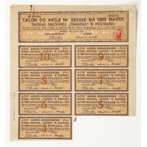 TKANINA Aktiengesellschaft in Posen, Em.3, 1.000 mkp 1921
