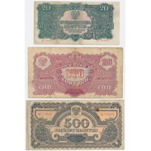 20 i 100 zł ...owym, 500 zł ...owe 1944 - zestaw (3szt)