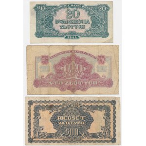 20 i 100 zł ...owym, 500 zł ...owe 1944 - zestaw (3szt)