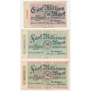 Wrocław (Breslau), 1 i 2x 5 mln marek 1923 - zestaw (3szt)