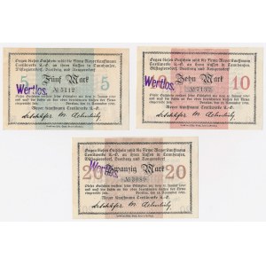 Wrocław (Breslau), 5, 10, and 20 marks, 1918 – “WERTLOS” postmark (3 pieces)
