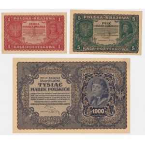 1, 5 und 1.000 mkp, August 1919 – Set (3 Stück)