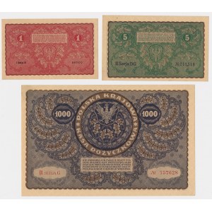 1, 5 und 1.000 mkp, August 1919 – Set (3 Stück)