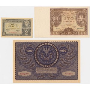 1.000 mkp, August 1919, sowie 2 und 100 Złoty, 1934–1936 – Set (3 Stück)