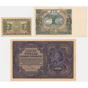 1.000 mkp, August 1919, sowie 2 und 100 Złoty, 1934–1936 – Set (3 Stück)