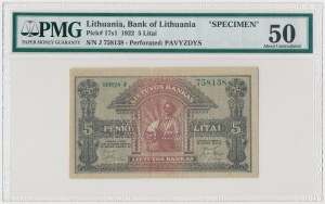 Litwa, SPECIMEN 5 Litai 1922 - perforacja PAVYZDYS