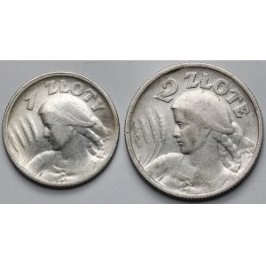 1 und 2 Złoty 1924 „Frau und Ähren“, Paris – Set (2 Stück)