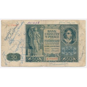 50 złotych 1941 - ze stemplem A.K. REGUŁA, z podpisami powstańców - ex. Lucow