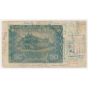 50 złotych 1941 - ze stemplem A.K. REGUŁA, z podpisami powstańców - ex. Lucow