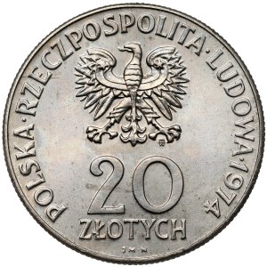 Próba NIKIEL 20 złotych 1974 RWPG - tło z 'ziarnem'