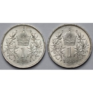 Austria, Franz Joseph I, 1 crown, 1913 and 1914 – set (2 pieces)