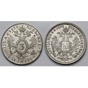 Austria, 3 kreuzer del 1839 e 10 kreuzer del 1872 - set (2 pezzi)