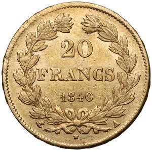 Francja, Ludwik Filip, 20 franków 1840-A, Paryż