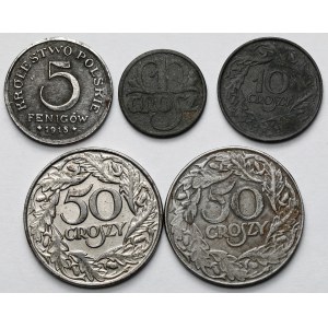 Generalgouvernement, 1–50 Groschen 1923–1939 und 5 Pfennig 1918 – Set (5 Stück)