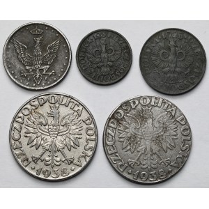 Generalgouvernement, 1–50 Groschen 1923–1939 und 5 Pfennig 1918 – Set (5 Stück)