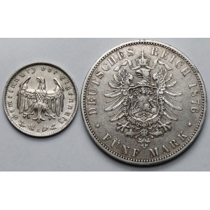 Germany, 5 marks 1876-A and 1 mark 1934-A - set (2 pieces)