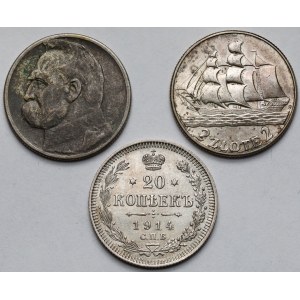 Piłsudski i Żaglowiec, 2 złote 1934-1936 i 20 kopiejek 1914 - zestaw (3szt)