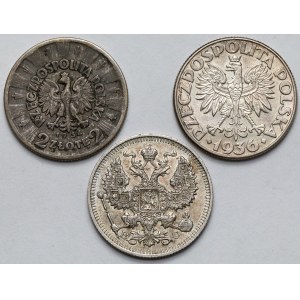 Piłsudski i Żaglowiec, 2 złote 1934-1936 i 20 kopiejek 1914 - zestaw (3szt)
