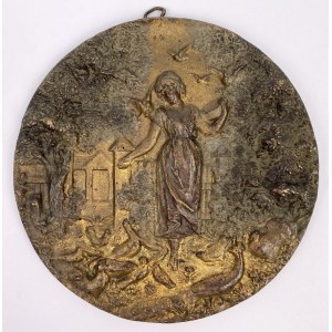 Art Nouveau medallion—a shepherdess feeding birds