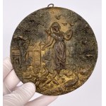 Art Nouveau medallion—a shepherdess feeding birds