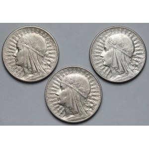 10 złotych 1932-1933 Głowa Kobiety - zestaw (3szt)