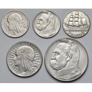2, 5 i 10 złotych GK, Piłsudski, Żaglowiec - zestaw (5szt)
