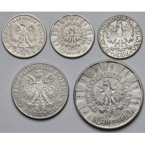 2, 5 i 10 złotych GK, Piłsudski, Żaglowiec - zestaw (5szt)