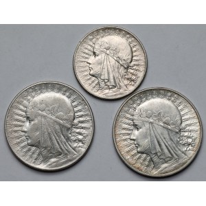 5 i 10 złotych 1932-1933 Głowa Kobiety - zestaw (3szt)