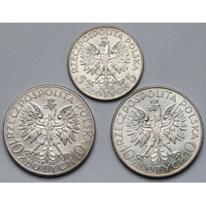 5 i 10 złotych 1932-1933 Głowa Kobiety - zestaw (3szt)