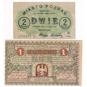 Krakau 1 Krone und Posen 2 Mark 1919 – Set (2 Stück)