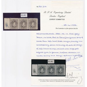 Newfoundland, pás známok 3 × 1 cent z rokov 1880–1892 s certifikátom BPA