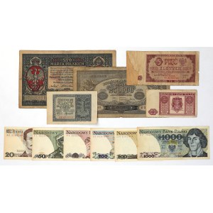 Set mit polnischen Banknoten von 1916 bis 1988, darunter die 100-mkp-Banknote mit dem General (11 Stück)