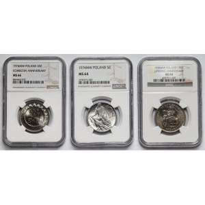5 zlotych, 20 zlotych, and 100 zlotych, 1974, 1988 – set (3 pieces)