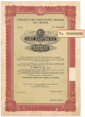 DRUK PRÓBNY - PROJEKT - MAKIETA Lwów, TKZ, List zastawny 1.000 dolarów 1933