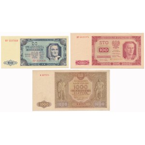 1,000 zloty 1946, 20 and 100 zloty 1948 - set (3pcs)