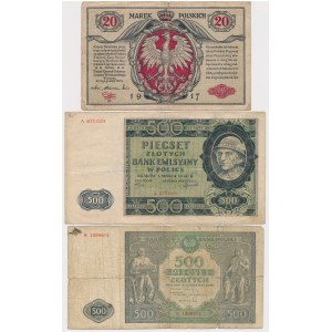 General 20 mkp 1916, 500 zl 1940 and 1946 - set (3pcs)