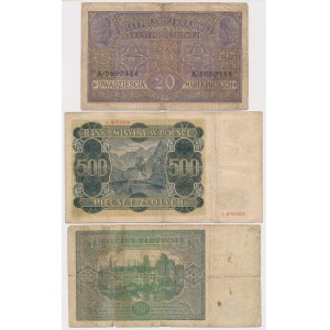 General 20 mkp 1916, 500 zl 1940 and 1946 - set (3pcs)