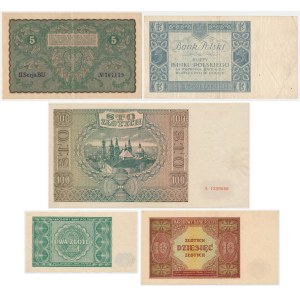 5 mkp 1919 August, 2 - 100 zloty 1930-1946 - set (5pcs)