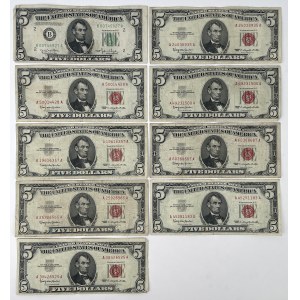 USA, 5 Dollars, 1950-1963 - set (9pcs)