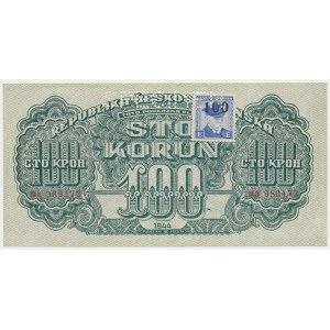 Tschechoslowakei, 100 Kronen (1945) - SPECIMEN - mit Briefmarke