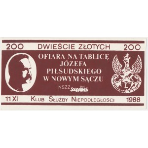 Solidarity, 200 zloty 1988 - Donation to the Pilsudski plaque Nowy Sacz