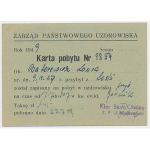 Board of the State Health Resort, Residence Card 1949