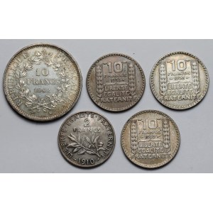 France, 2 et 10 francs 1910-1966 - ARGENT - set (5pcs)