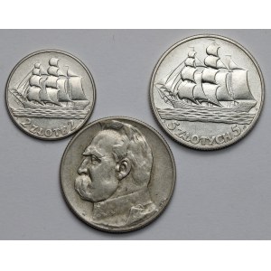 2 a 5 zlatých 1934 a 1936 Piłsudski a plachetnica - sada (3ks)